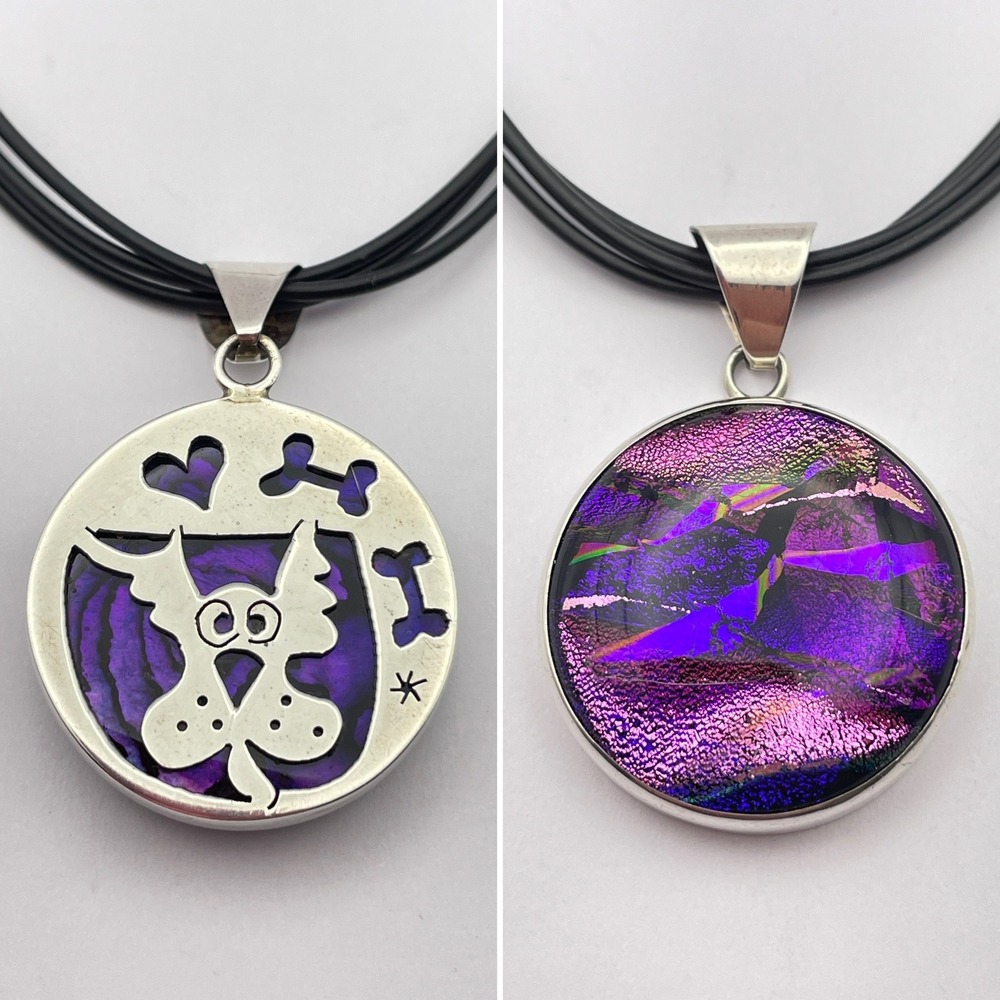 Handmade Purple Dichroic Glass Dog Reversable Necklace Leather‎ Cord